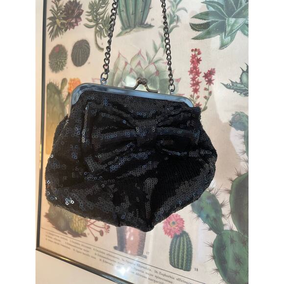 Rare Betsey Johnson y2k Black Sequined Chain-Strap Mini Purse with Cute Bow - Picture 5 of 5
